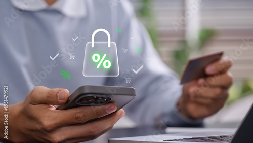 Ecommerce discount and online shopping promotion concept. customer using smartphone and credit card to make purchase digital payment savings retail offer convenience and secure mobile transaction