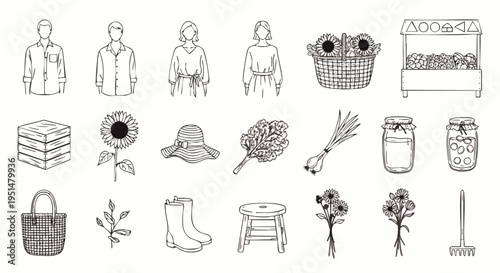 Hand-drawn collection of organic farm and garden icons, featuring farmers, fresh produce, market stalls, and gardening tools for a sustainable lifestyle.