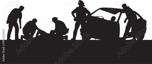 Black silhouettes of people assisting a person lying on the
