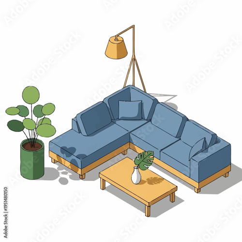 Cozy living room corner with blue sectional sofa and floor lamp.