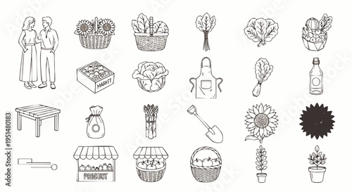 Hand-drawn line art collection of gardening, farming, and fresh produce icons, featuring vegetables, tools, farmers, and market elements for healthy living.