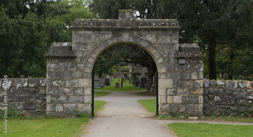 Obraz premium Catholic cemetery stone arch entrance incorporating copy space for text