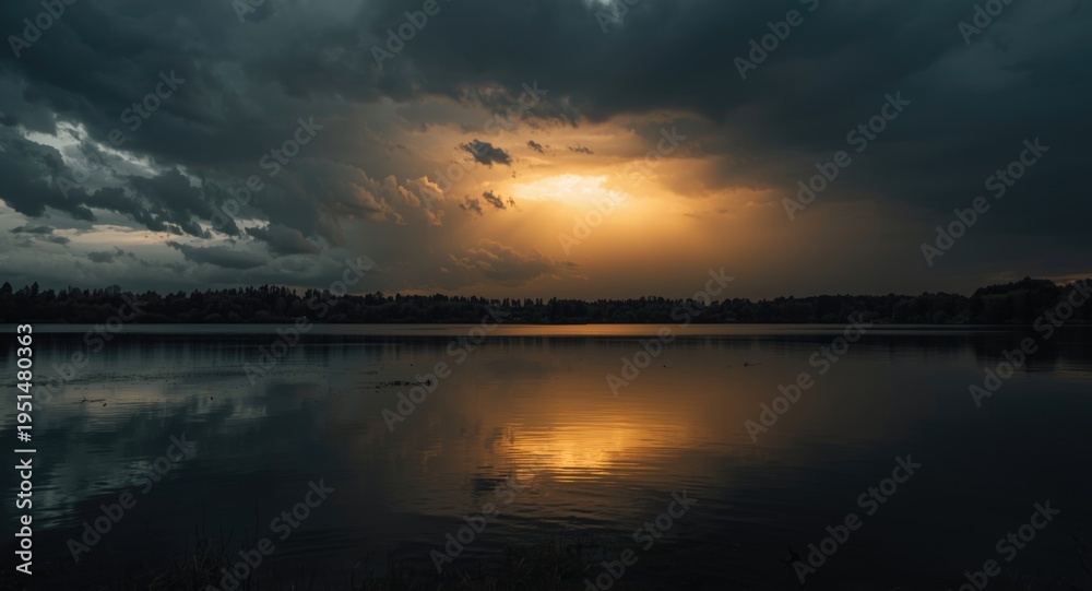 Fototapeta premium Menacing sky with glowing light reflected in still lake