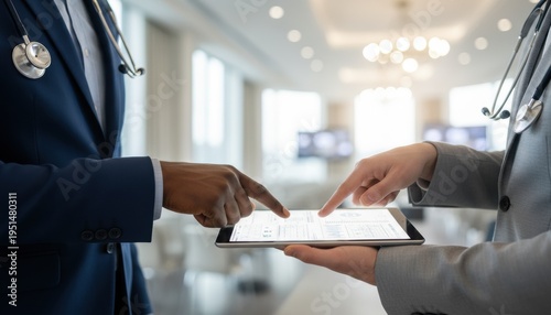 Medical Collaboration: Two doctors, united in purpose, engage in a focused discussion over a tablet. Capturing the essence of teamwork and data in healthcare.