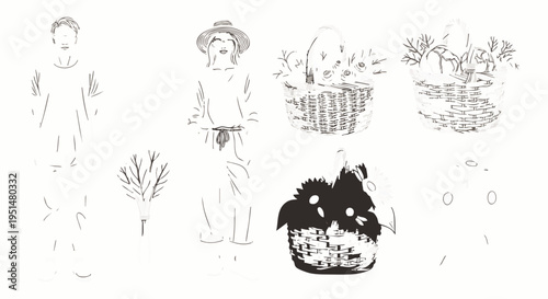 Elegant vector line art collection featuring traditional rural life: farmers, woven baskets filled with flowers and harvest, and natural plant elements.