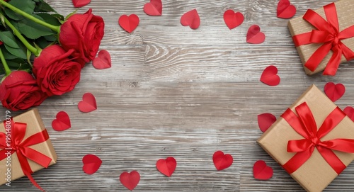 Romantic Valentine's Day card design with roses and wrapped gifts on textured wooden surface