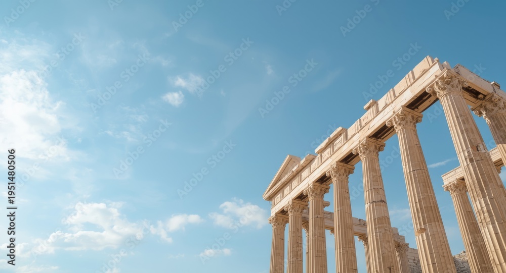 Fototapeta premium Classic Greek architecture showcasing tall columns beneath a clear blue sky with soft white clouds and copy space