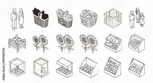 Isometric line art icon set for market and grocery store. Features people, fresh produce, shopping baskets, display stands, and various elements for food retail.