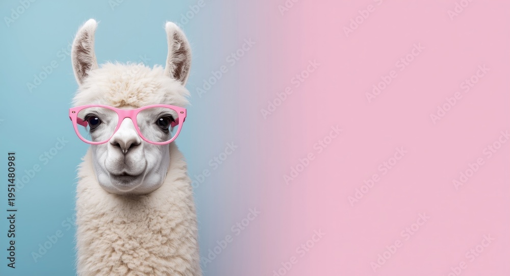 Naklejka premium Friendly llama wearing eye catching pink glasses on a gentle blue pink gradient background designed for text overlay