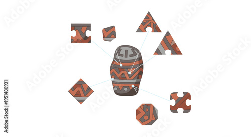 Ancient stone artifact with geometric patterns and surrounding puzzle pieces, representing history and culture