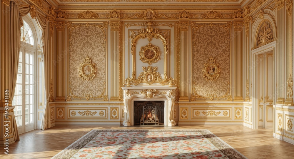 Obraz premium ornate royal living room in baroque style with gold stucco walls and a daylight filled fireplace