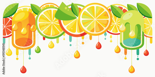 Fresh summer citrus fruits with dripping juice, vector