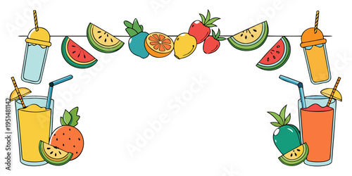 Colorful summer fruit drinks and fresh fruit garland, vector