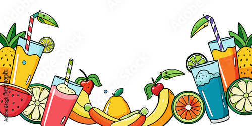 Fresh tropical fruit juices and summer fruit border, vector