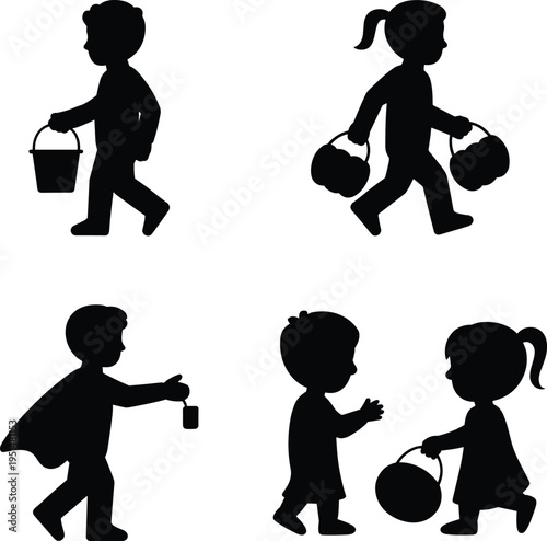Children silhouettes trick or treating with halloween candy buckets with trick or treat with black and white