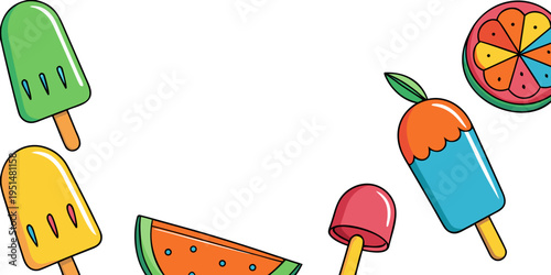 Colorful summer popsicles and fruit illustration, vector