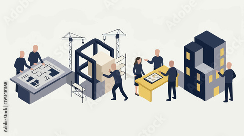 Architectural design team collaborating on construction project planning with blueprints and building models in a modern office setting