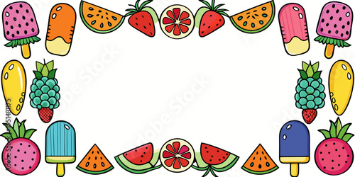 Colorful summer fruit and popsicle border frame, vector
