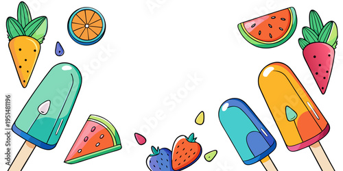 Bright summer popsicles and mixed fruit illustration, vector