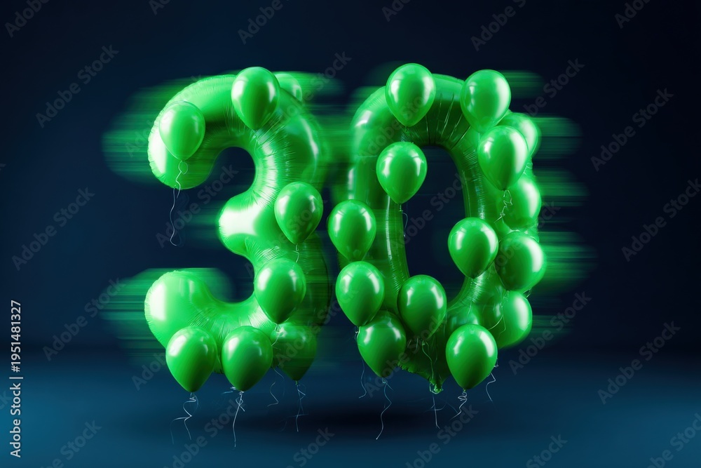 Obraz premium Dynamic green thirty balloons forming number 30 with motion blur and multiple small balloons creating a dramatic floating celebration scene