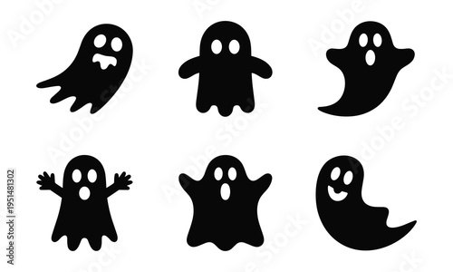 Collection of black silhouette ghosts for halloween party decorations with ghost silhouette with black and white