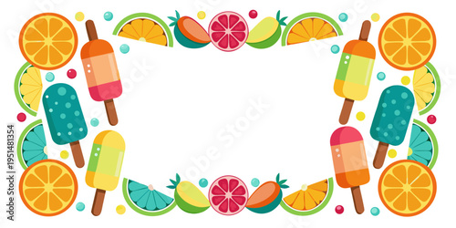 Summer fruit and popsicle frame border, vector