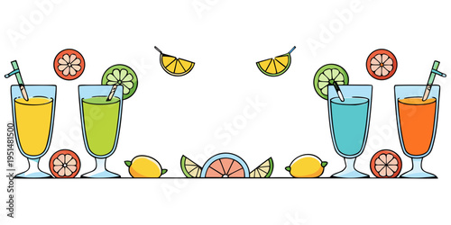 Colorful summer cocktails and citrus fruit illustration, vector