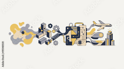 Abstract technology and innovation concept featuring interconnected gears, digital devices, and aerospace elements illustrating modern progress and engineering solutions