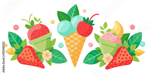 Summer ice cream with strawberries and mint leaves, vector