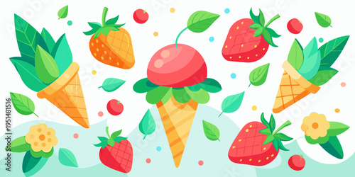 Colorful strawberry and cherry fruit ice cream illustration, vector