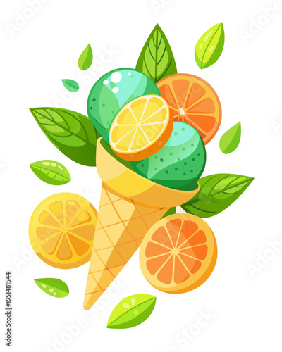 Refreshing citrus and mint ice cream cone illustration, vector