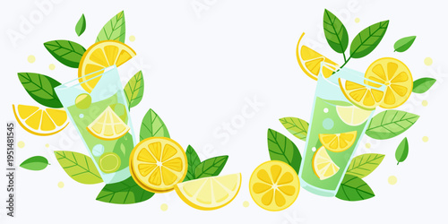 Refreshing summer citrus lemonade with slices and leaves, vector