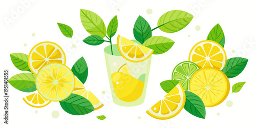 Refreshing citrus lemonade drink with fresh mint leaves, vector