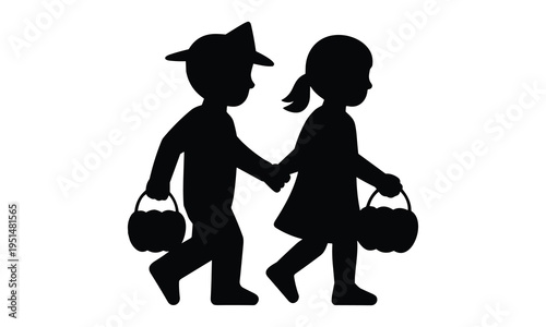 Couple children silhouettes trick or treating holding hands with buckets with trick or treat with halloween candy