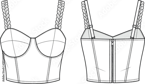 Women Braided Strap Corset Top Technical Flat Sketch, Bustier Crop Top, Back Zipper, Fashion Design CAD Vector Illustration, Lingerie Template