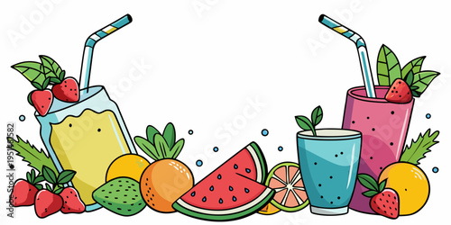 Colorful summer fruit smoothies and mixed berries, vector