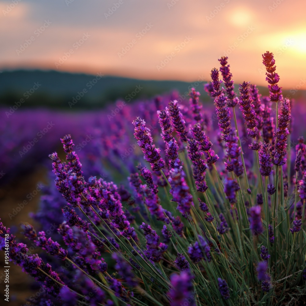 Obraz premium Rows of lavender at sunset with tall purple spikes and soft golden sky creating a dramatic fragrant landscape in warm light