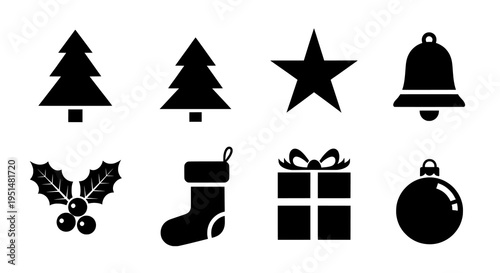Collection of Eight Black Silhouette Christmas Holiday Icons on White Background