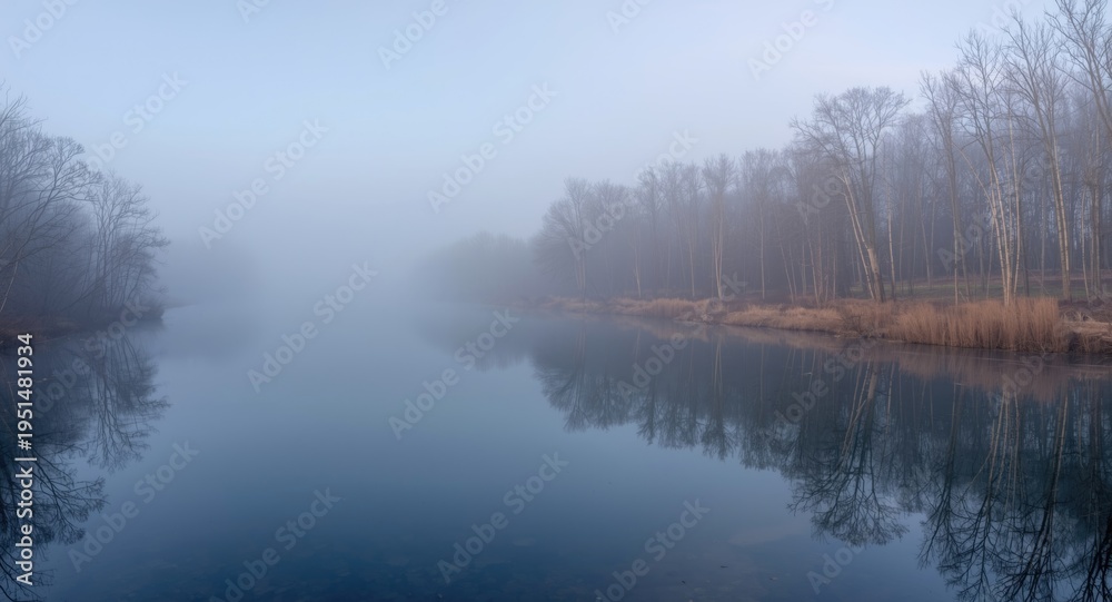 Fototapeta premium Hushed morning landscape featuring smooth river reflections and a delicate fog among bare woodlands