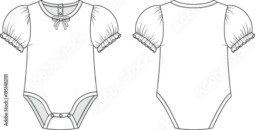 Baby bodysuit CAD drawing flat vector illustration, infants romper with puff sleeves and bow detail, technical fashion design template, isolated.