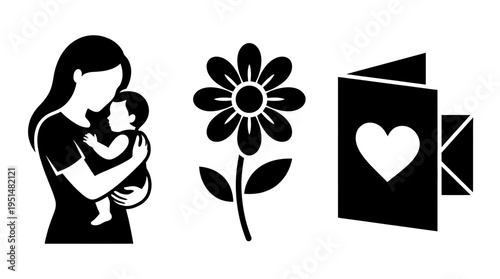 Mother, Flower, and Card with Heart Icons
