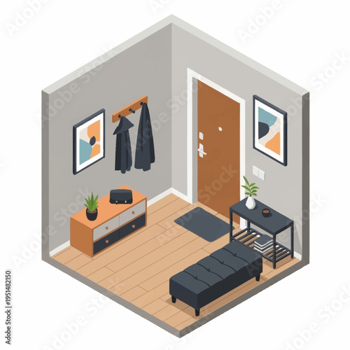 Isometric Hallway Interior Design with Modern Furniture and Decor.