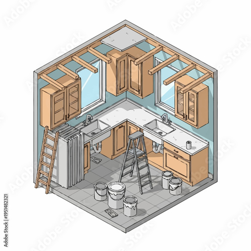 Isometric view of a kitchen under construction with new cabinets and appliances.