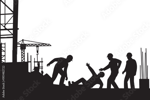 Construction workers helping injured colleague on site with crane