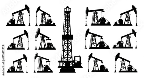 Silhouette of Oil Rigs and Derrick for Petroleum Extraction.