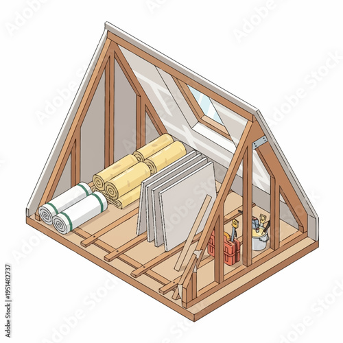 Isometric view of an attic space under construction with insulation and building materials.