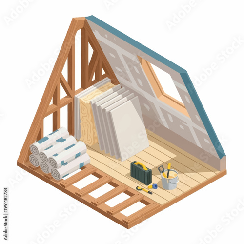 Isometric view of an attic under construction with insulation materials and tools.