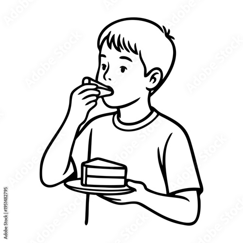 Dibujo sencillo con líneas de un niño comiendo una porción de tarta con las manos 