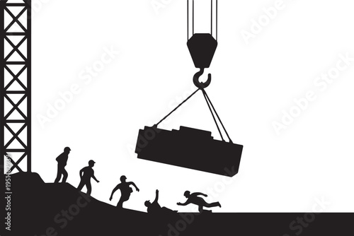 Construction workers running from falling concrete block