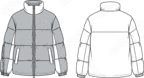 Puffer jacket flat sketch, vector technical drawing of winter insulated outerwear, front and back view, fashion design template, isolated element.